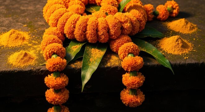 Festive marigold garland with turmeric powder, symbolizing prosperity and new beginnings