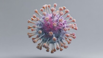 Render of spherical virus with spikes, pink, blue, white, and gray on a pale gray background