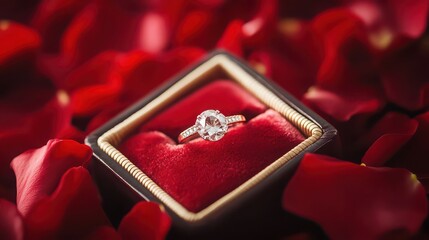 Diamond engagement ring in a red velvet box surrounded by rose petals