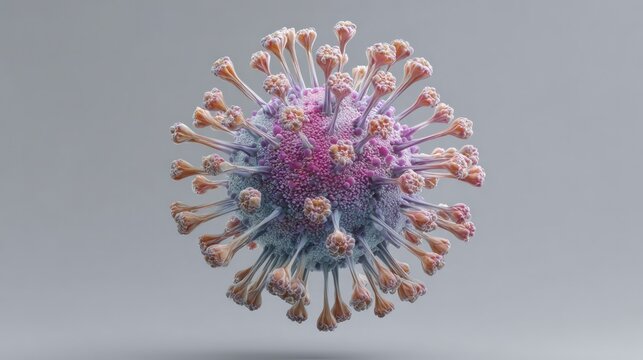 Render of spherical virus with spikes, pink, blue, white, and gray on a pale gray background