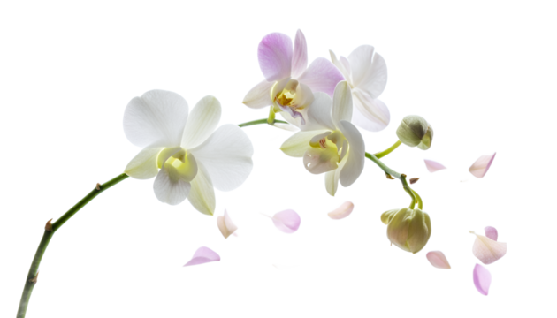 Graceful white and soft pink orchid blossoms with delicate falling petals, creating an ethereal and serene display of natural beauty against a pristine white background