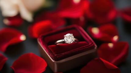 Sparkling diamond engagement ring in velvet box with red rose petals