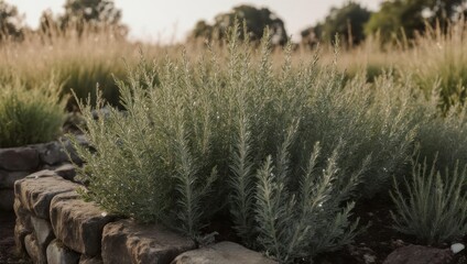 Field plants in stone beds, golden light