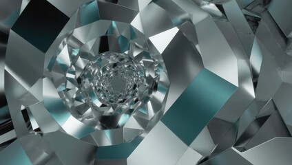 Abstract geometric shapes, metallic silver and teal colors, create a 3D tunnel effect, with a central vortex