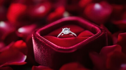 Diamond engagement ring in red velvet box surrounded by rose petals