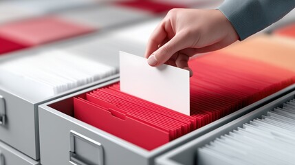 Hand Inserting Blank Card Into Organized Drawer of Colorful File Folders in Office Workspace