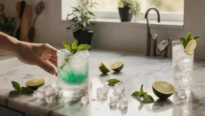 Close-up of a mint-green cocktail glass, garnished with fresh mint and ice, on a marble countertop with limes.  A hand reaches for the drink