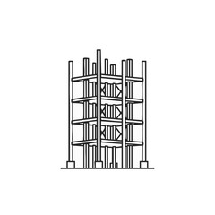 A detailed line drawing presents a building's skeletal structure, showcasing the framework of a modern architectural design against a clean white backdrop.