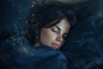 Close-up of a beautiful woman sleeping peacefully under a dark blue blanket with magical star dust. Concept for peaceful night, restorative sleep and serene dreams