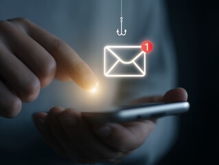Person using smartphone with email icon and phishing hook, concept for internet security, scam and fraud awareness
