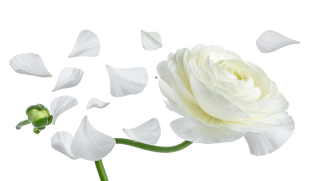 Elegant white ranunculus flower captured in a delicate moment, with its pristine petals gently detaching and fluttering against a pure background, symbolizing grace and ephemeral beauty
