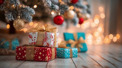 Stack of wrapped Christmas presents with ribbons under illuminated tree. Concept for holiday celebration, family gathering and seasonal marketing campaigns
