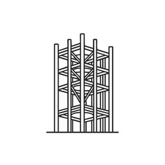 A detailed line art illustration depicts a construction framework, showcasing the structural design and architectural elements against a white backdrop.