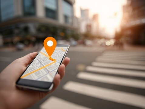 Hand holding smartphone showing city map with navigation mark on street, concept for travel application, transportation solution and delivery tracking