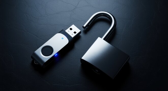 Unlocked Padlock and USB Flash Drive on Dark Surface, Data Breach Concept