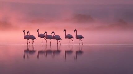Naklejka premium Six pink flamingos wade in calm, reflective water at sunrise. Soft pink and purple hues fill the air, creating a misty, ethereal atmosphere