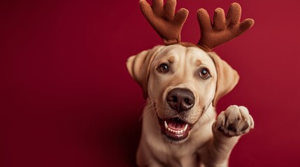 Christmas Labrador raising a paw in reindeer antlers illustrates a friendly holiday pet concept for seasonal advertising. Celebration, gifting and winter promotions