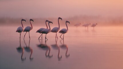 Naklejka premium A group of pink wading birds strides in shallow water, with a soft pink sunrise in the background, light reflecting