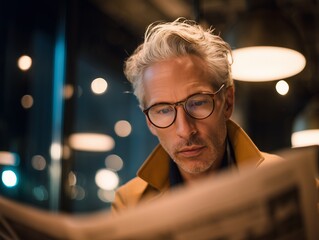 Focused mature businessman with glasses reading newspaper at night, concept for business information, financial review and current events