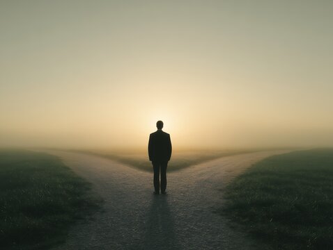 Silhouette of a CEO standing at a fork in the road during foggy sunrise. Concept for strategic decision making, career direction and business leadership