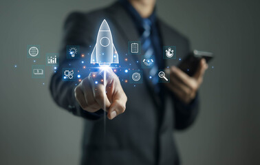 A business professional activating a digital startup launch with a glowing rocket icon, representing innovation technology growth, strategic planning and modern business development in the digital era