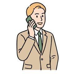 Businessman talking on phone, smiling, wearing beige suit and green tie, confident expression