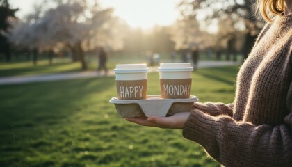 Woman Holding Two Takeaway Coffee Cups with Happy Monday Text Outdoors in Sunny Spring Park, Positive Start Concept