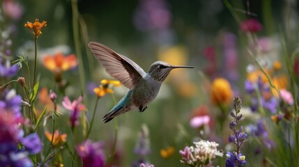 Fototapeta premium A tiny, iridescent hummingbird hovers gracefully, its wings outstretched amid a vibrant meadow bursting with colorful wildflowers