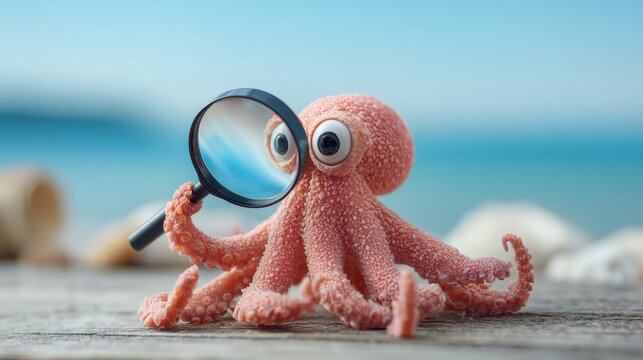 Cute Octopus Detective Holding Magnifying Glass Explores a Large Blank Scenic Layout by the Beach
