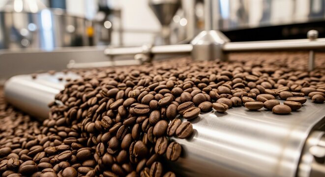 Roasted coffee beans on a stainless steel conveyor belt in a processing facility. Focus on quality, production, and the journey from bean to brew.
