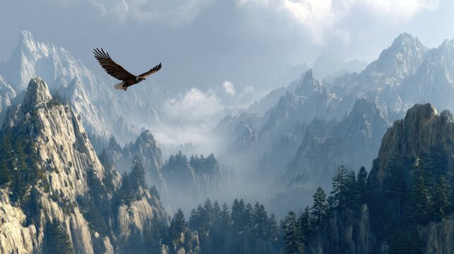 Majestic eagle soars gracefully above a vast mountain range with peaks shrouded in mist and dotted with evergreen trees