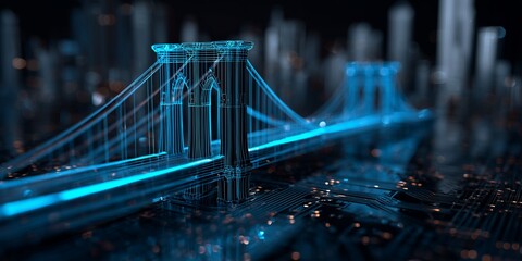 Abstract wireframe rendering of Brooklyn Bridge with circuit board background, concept for technology infrastructure, cybersecurity and engineering project