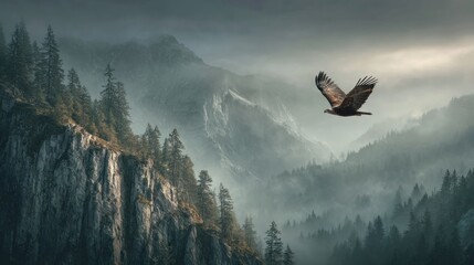 Fototapeta premium Majestic eagle soars above misty mountain valley with forested, rocky cliffs