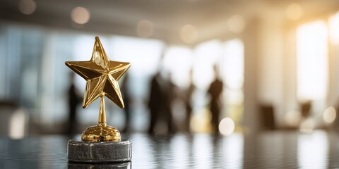 Golden star trophy on reflective surface in modern office with blurred business people. Concept for award ceremony, employee recognition and career advancement