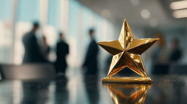Close-up shiny golden star trophy on table with blurred managers or directors in background, concept for award ceremony, business achievement and company success - Powered by Adobe