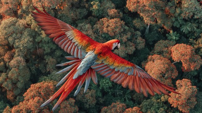 Vibrant macaw in flight over lush green jungle, wings spread wide in a bird's eye view