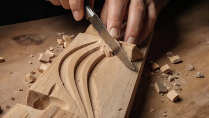 Hands carefully carve intricate design into a wooden plank