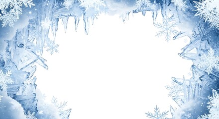 Decorative winter ice frame with snow, snowflakes and icicles