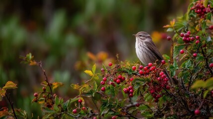 Naklejka premium A small bird perched on a bush with red berries against a blurry green and brown background