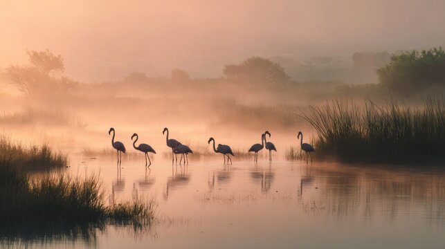 Pink flamingos stand elegantly in a tranquil lagoon, the water mirroring the soft, diffused light of sunrise. Misty atmosphere surrounds them, merging the sky & landscape