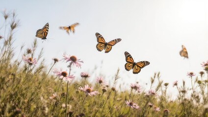 Monarch butterflies flitting through a meadow of wildflowers against a bright sky