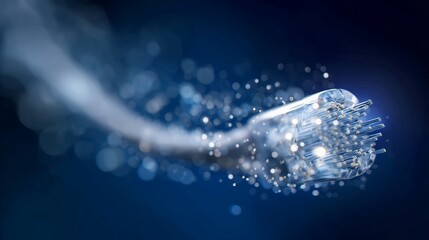 Close-up of fiber optic cable transmitting data on a dark blue background. Concept for network communication, high speed internet and digital technology