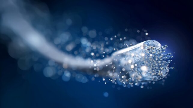 Close-up of fiber optic cable transmitting data on a dark blue background. Concept for network communication, high speed internet and digital technology