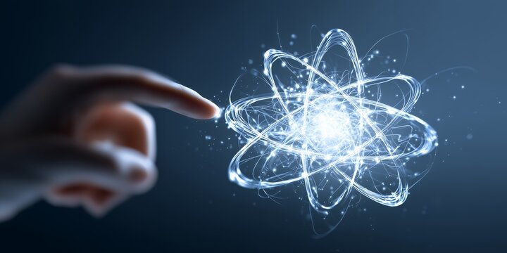 Finger touches an abstract atom model with glowing traces on a blue background, concept for quantum computing, nanotechnology and future technologies