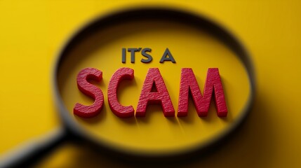 Close-up of the words "It's a Scam" in red letters under a magnifying glass on a yellow background. Concept for online security, fraud prevention and awareness campaign