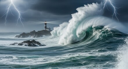 Tempestuous ocean with lighthouse under storm revealing nature's powerful drama
