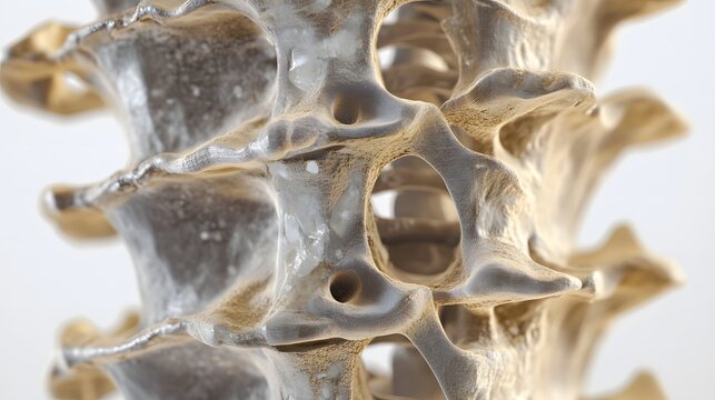 Detailed close up of porous vertebra structure with visible bone damage texture in clinical medical theme. Medical concept