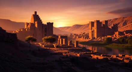 Fototapeta premium Ancient riverside city at sunset featuring grand architecture and desert landscape