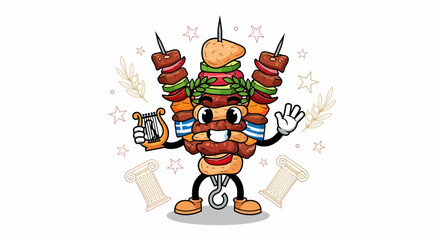 Cartoon Kebab Character Holding a Lyre.