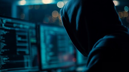 Silhouette of a hooded hacker coding on dual monitors in a dark room, concept for cybersecurity threats, data breach and digital crime
